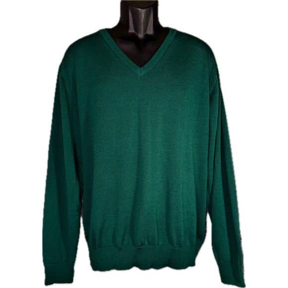 Fields Classics Men’s Large 100% Merino Wool Green V Neck Sweater Washable Light - Picture 1 of 6
